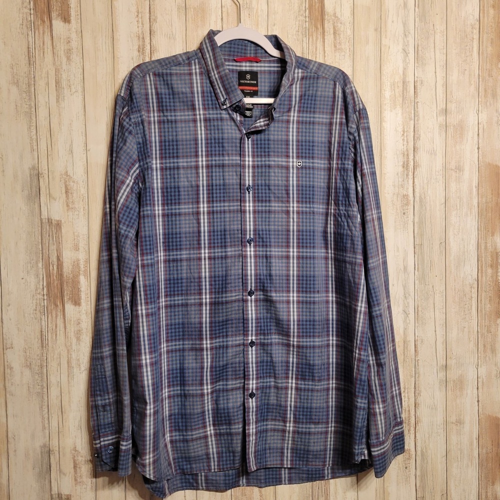 Victorinox Shirt Men‎ XXL Blue Plaid Button Down Tailored Fit Long Sleeve